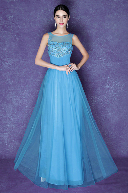 Round Collar Sheer Mesh Beaded Rhinestone Tulle Long Dress