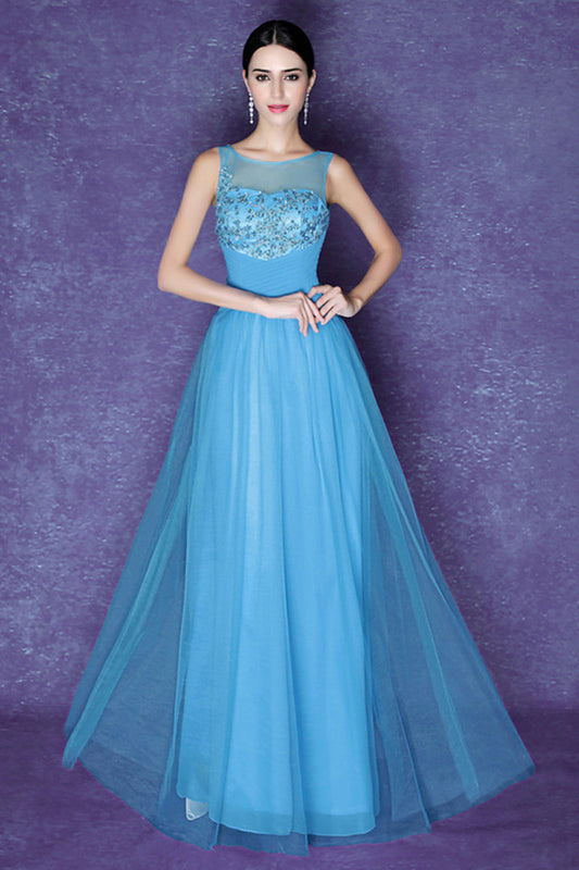 Round Collar Sheer Mesh Beaded Rhinestone Tulle Long Dress