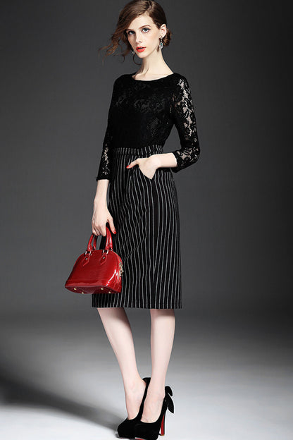 WOMEN'S ELEGANT BLACK BOAT NECK 9 SLEEVE LACE DRESS