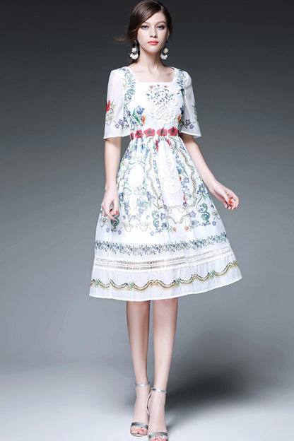 Square Neck Flowers Print Mesh Patch Empire Waist Swing Dress