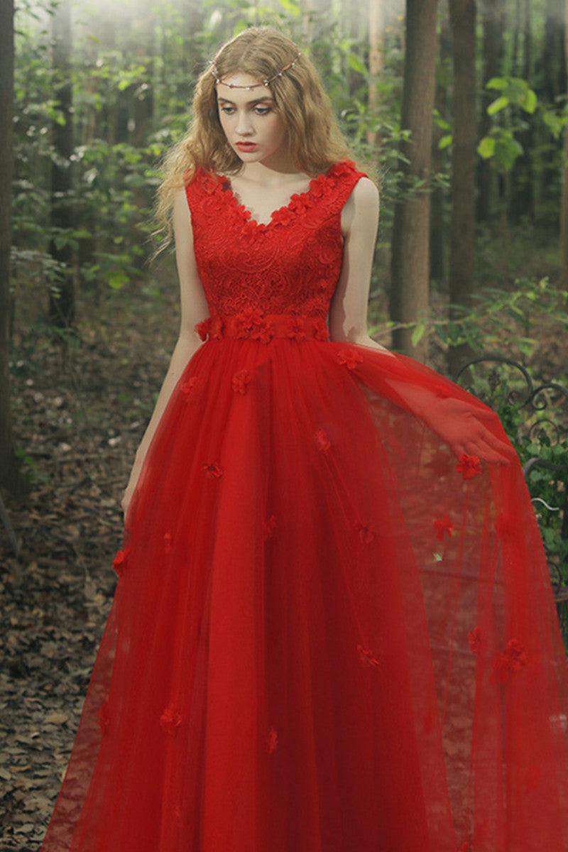 Deep V Neck Flower Patch Empire Waist Pleat Gown
