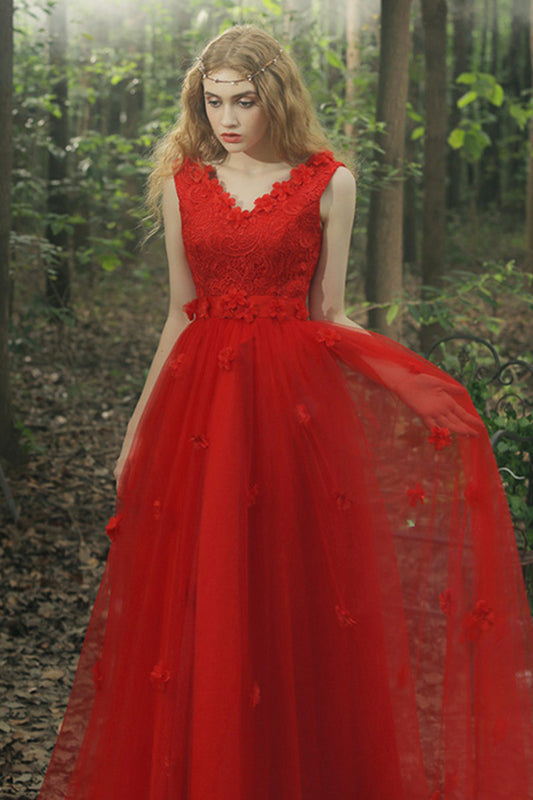 Deep V Neck Flower Patch Empire Waist Pleat Gown