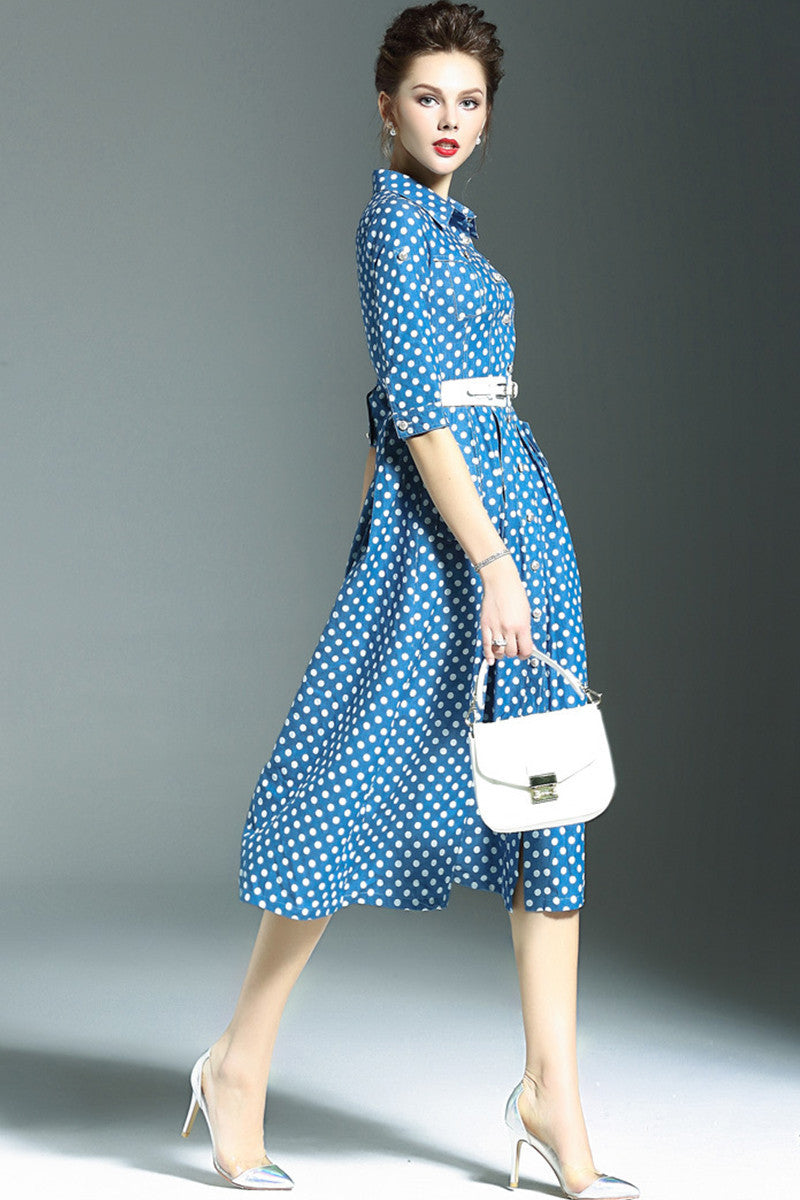 Elegant Dot Printed Lapel Half Sleeve Formal Dress