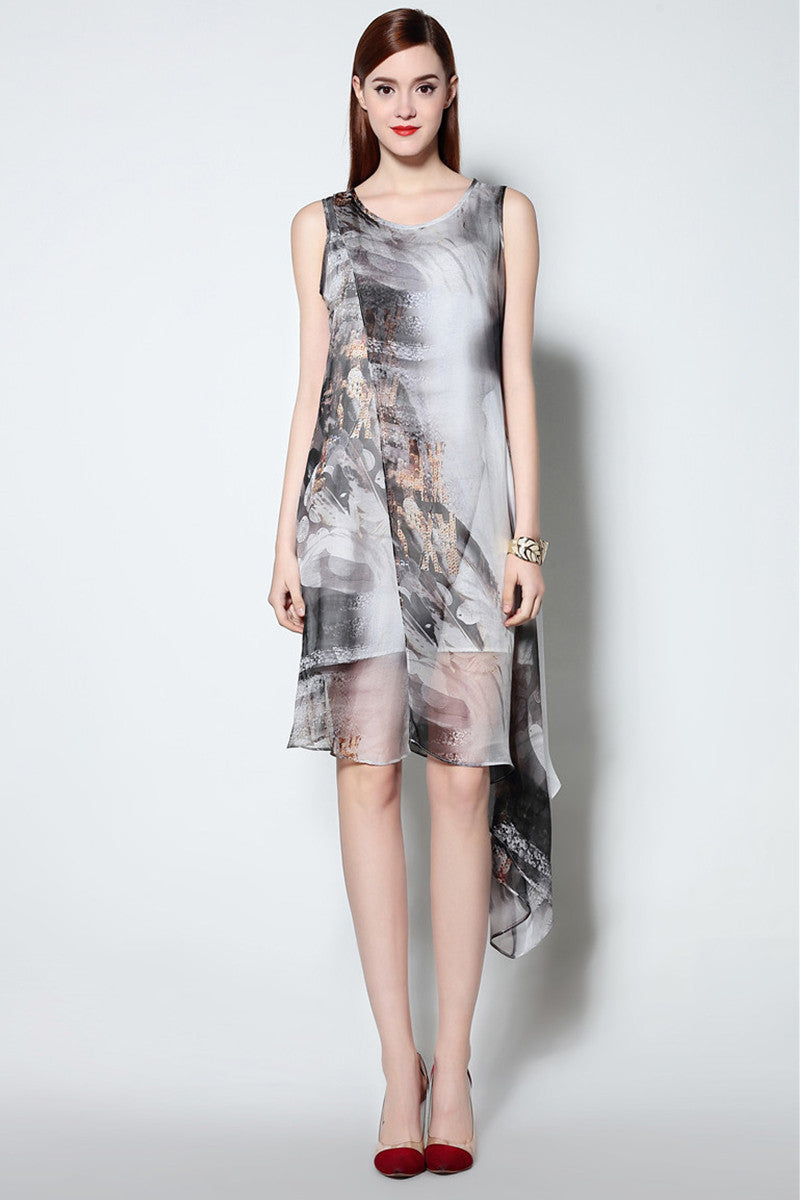 Round Collar Ink Printed Pattern Irregular Beach Vacation Dress