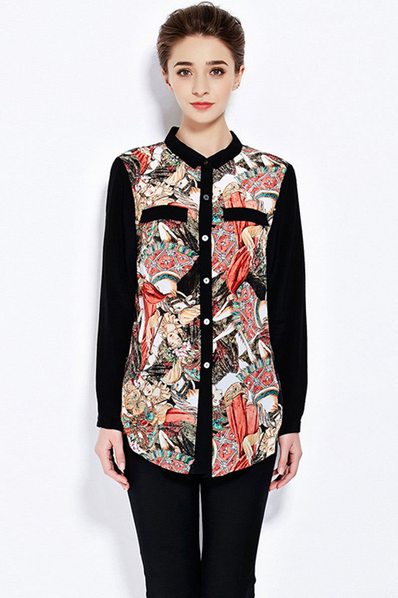 Lapel Neck Color Block Character Print Blouse