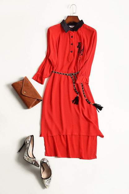 Lapel Neck 3/4 Sleeve Zebra Pattern Irregular Tail Dress With Belt - NJOYDRESS - 1