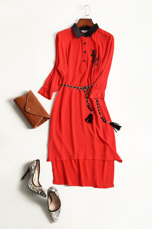 Lapel Neck 3/4 Sleeve Zebra Pattern Irregular Tail Dress With Belt - NJOYDRESS - 1