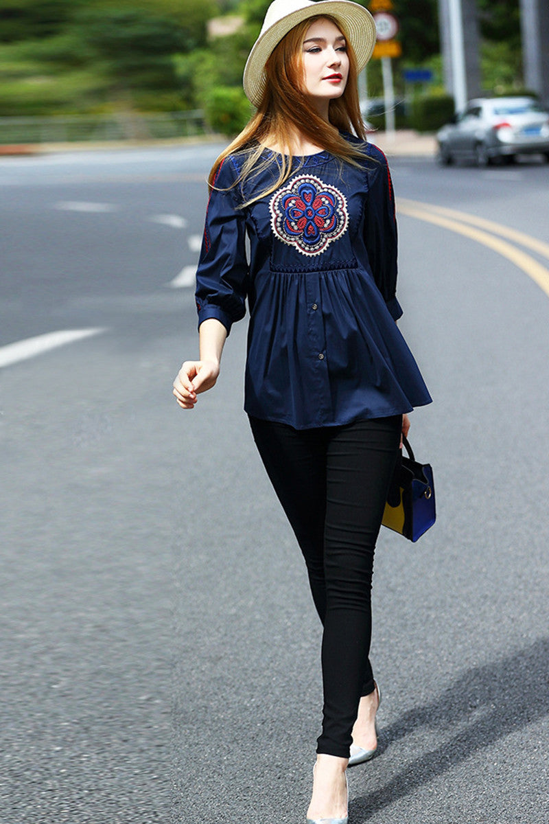 Rural Embroidery Linen A-line Tops