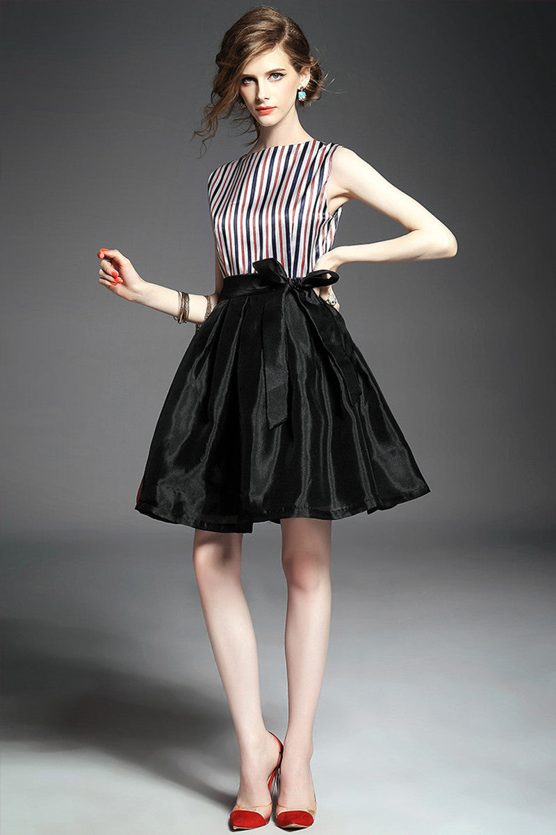 Women's Slime Stripe Fit And Flare Dress Casual Sleeveless Skirt With Belt - NJOYDRESS - 1