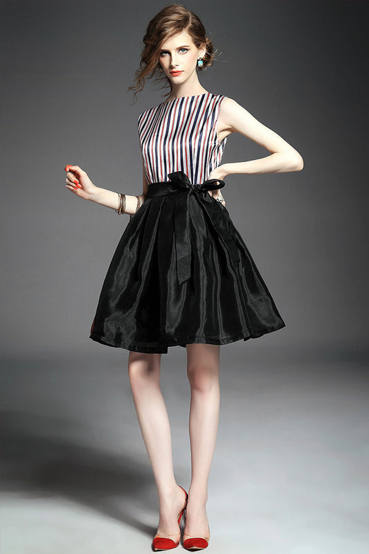 Women's Slime Stripe Fit And Flare Dress Casual Sleeveless Skirt With Belt - NJOYDRESS - 1