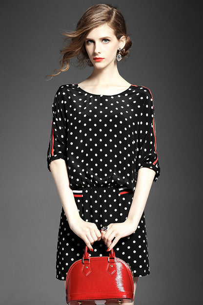 Batwing Sleeve Dot Dress Deep-V Back Neck