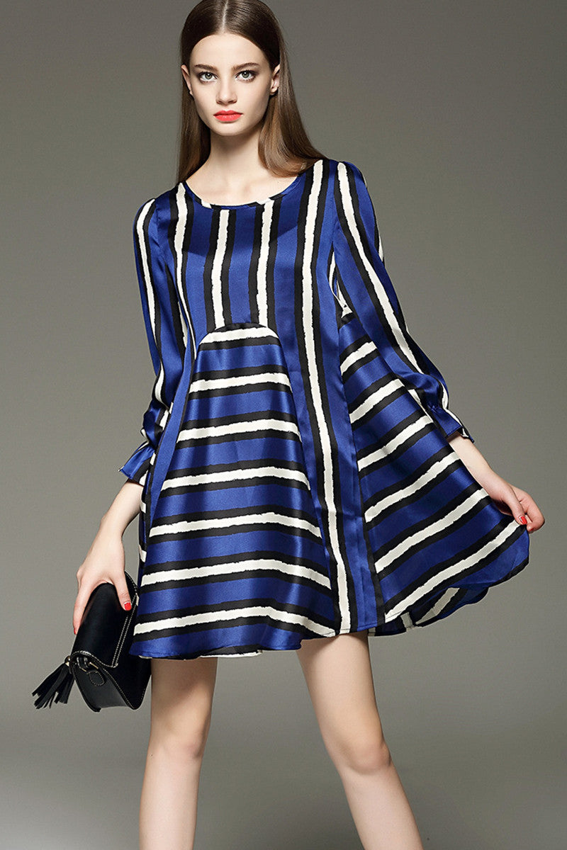 Multi Wide Stripe With Elastic Sleeve Dress