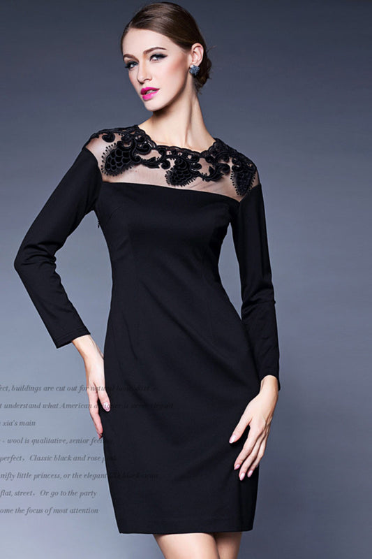 ELEGANT LONG SLEEVE LACING ROUND NECK SLIM COCKTAIL DRESS