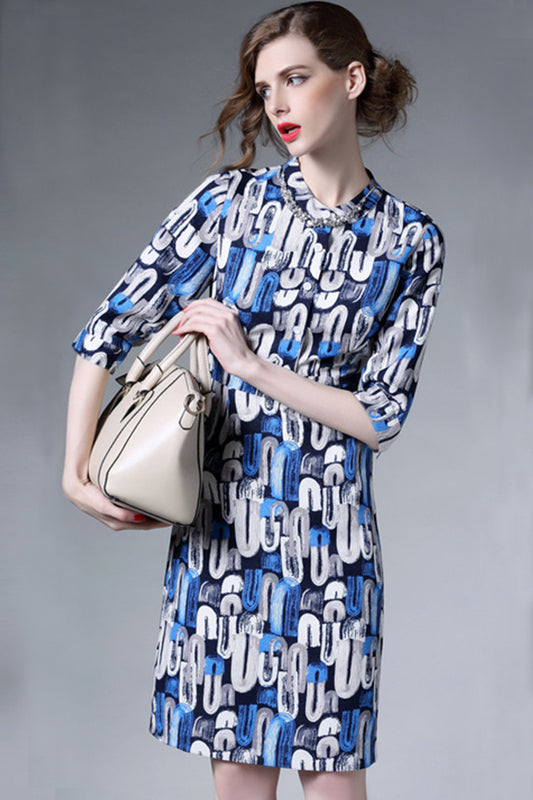 women's casual a-line stand collar 3/4 sleeve print and floral midi dress