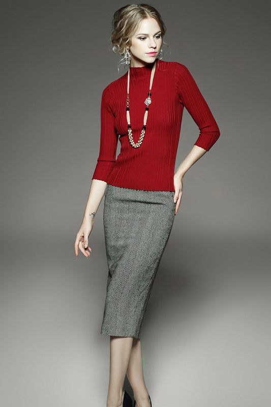 Little Mock Neck 3/4 Sleeve Pleated Tops