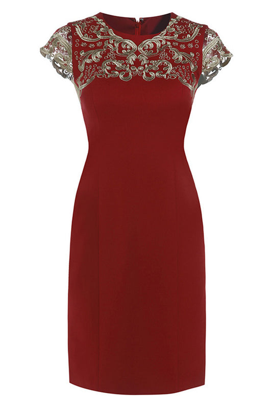 Round Collar Sheer Sleeve Embroidery Slim Dress