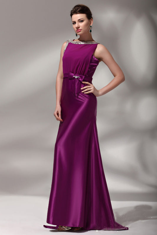 Bling Sequin Boat Neck Attatched Bowknot Slim Gown Dress