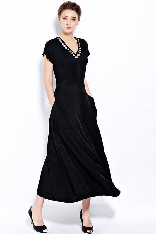 V Neck Formal Cap Sleeve V Neck with Beaded Long Dress