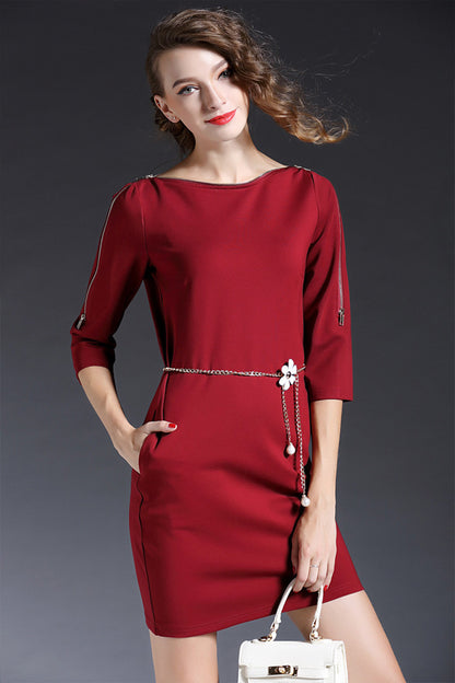 Boat Collar Zipper Slant Pocket Slim Elegant  Dress With Belt