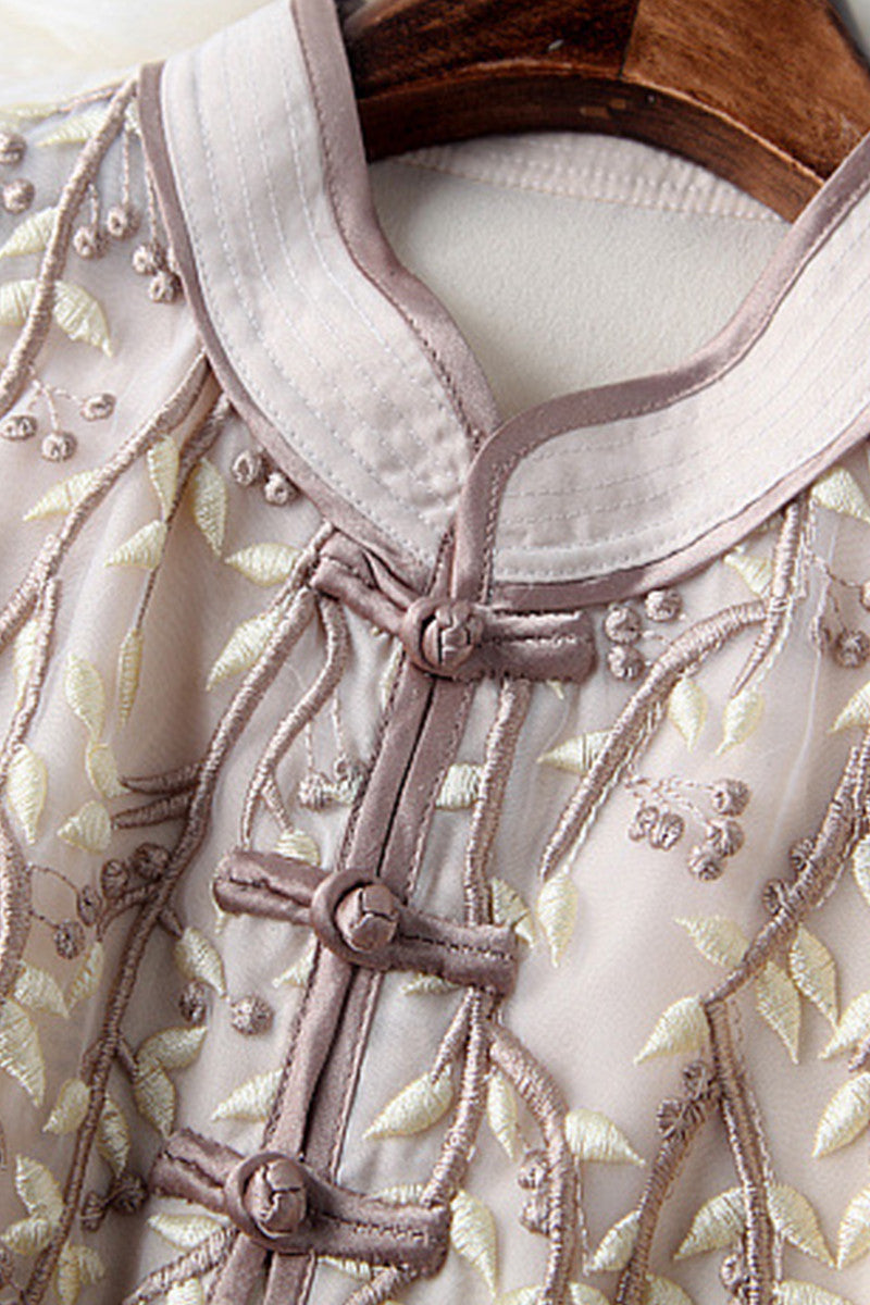 Chi-pao Stand Collar Floral Embroidery Organza Dress