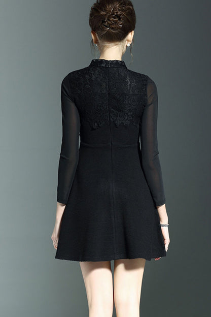 Stand Collar Sheer Mesh Sleeve Lace Flowers Tunic Dress