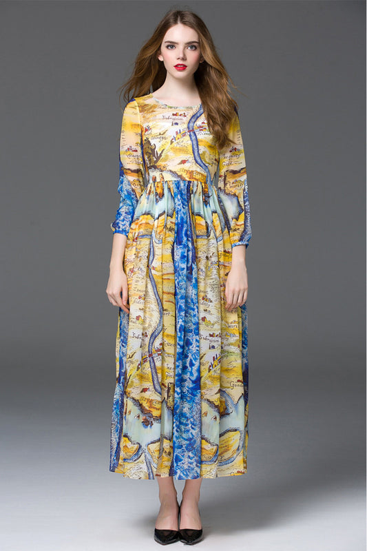 ROUND NECK 3/4 SLEEVE ELEGANT PRINTING VINTAGE LONG DRESS
