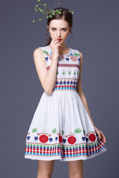 CASUAL A-LINE ROUND NECK SLEEVELESS EMBROIDERY CASUAL DRESS