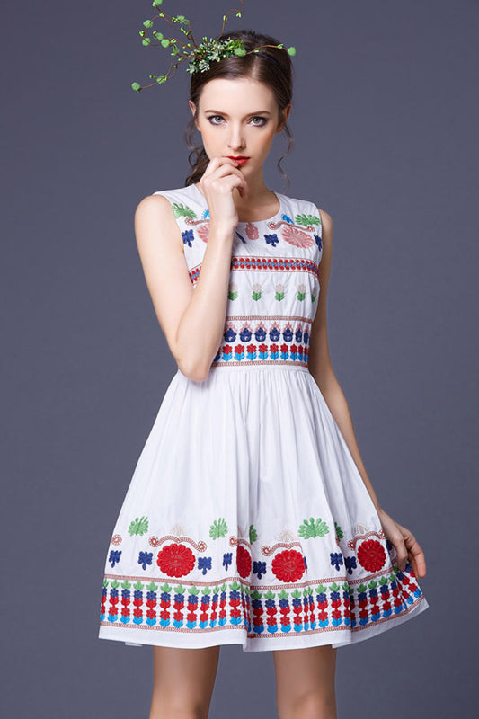 CASUAL A-LINE ROUND NECK SLEEVELESS EMBROIDERY CASUAL DRESS