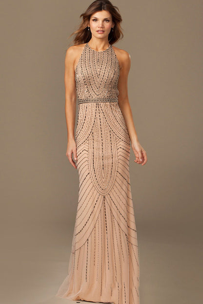 Multi Beaded Wrap Backless Champagne Color Party Dress