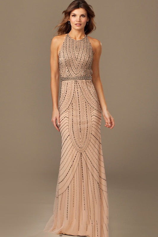 Multi Beaded Wrap Backless Champagne Color Party Dress
