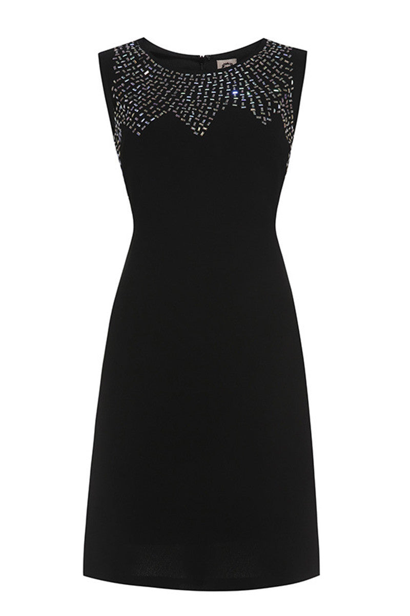 Round Collar Sleeveless Beaded Applique Dress