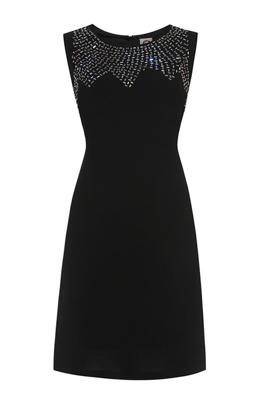 Round Collar Sleeveless Beaded Applique Dress