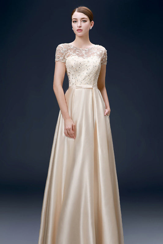 Round Collar Sheer Mesh Beaded Rhinestone Long Dress