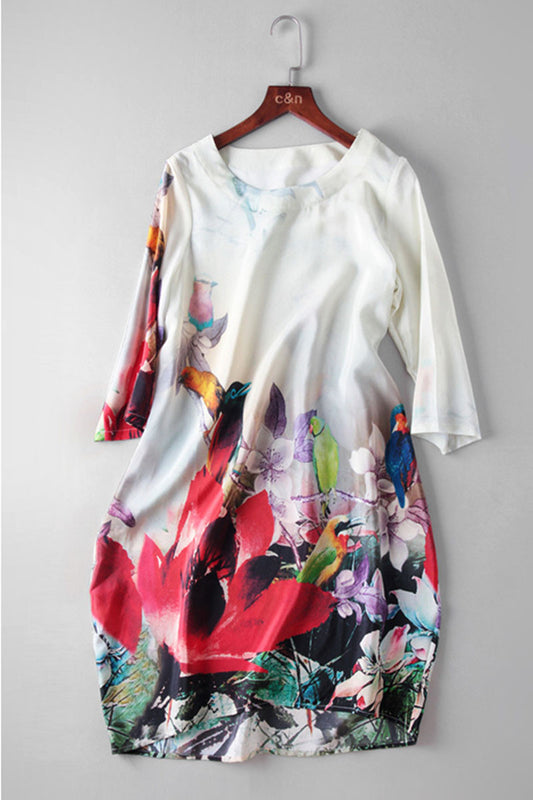 FLOWER PRINTING LOOSE CASUAL WEAR TO WORK HALF SLEEVE DRESS