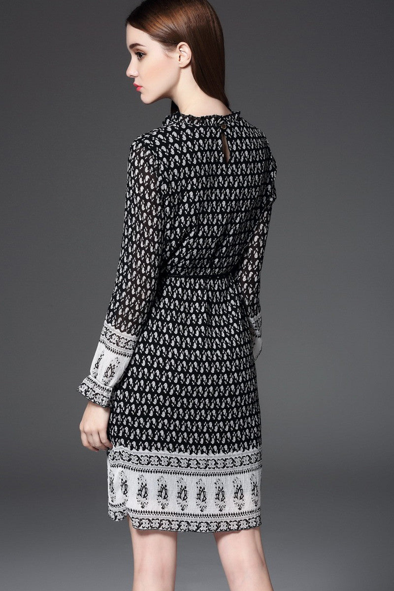Flare Neck Pattern Print Hollow Out Back Lacing Waist Mini Dress