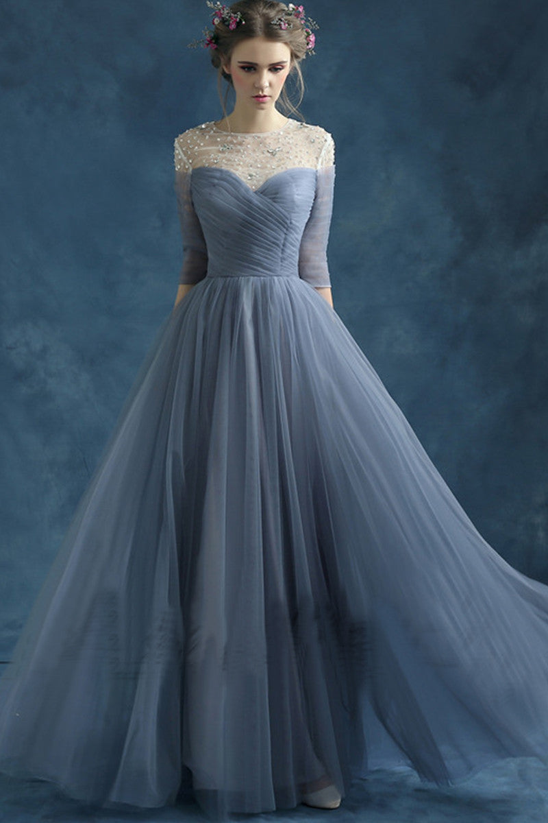 Sheer Mesh Beaded Sequin Pearl Tulle Overlay Hollow-Out Back Grown