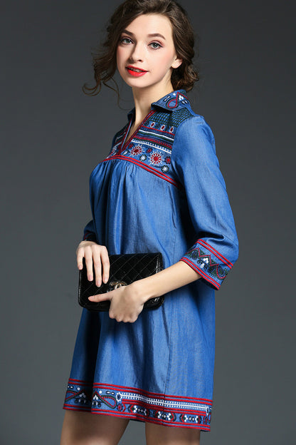 3/4 Sleeve Denim Blouse Emboridered Blouse