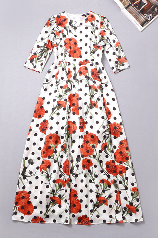 Tulip Floral With Dot Pattern Half Sleeve Dress