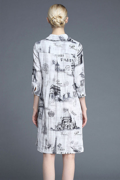 Cotton Linen Pattern Print 3/4Sleeve Irregular Mini Dress - NJOYDRESS - 2