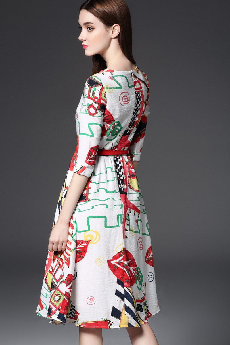 Round Collar Graffiti Cartoon Print Flare Dress With Belt