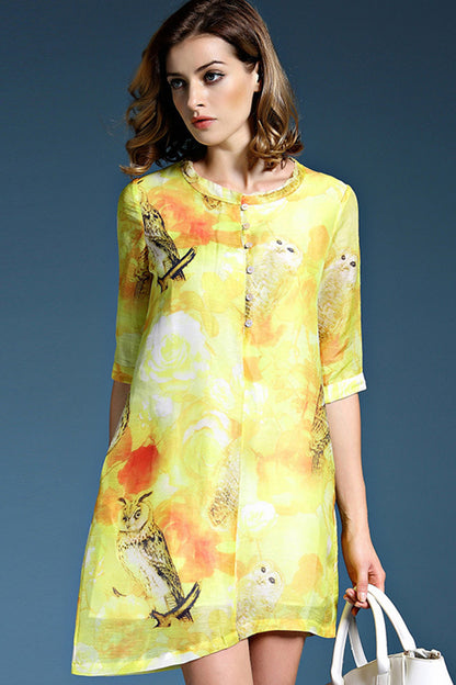 Round Collar Owl  And Tie-Dye Print Linen Irregular Dress