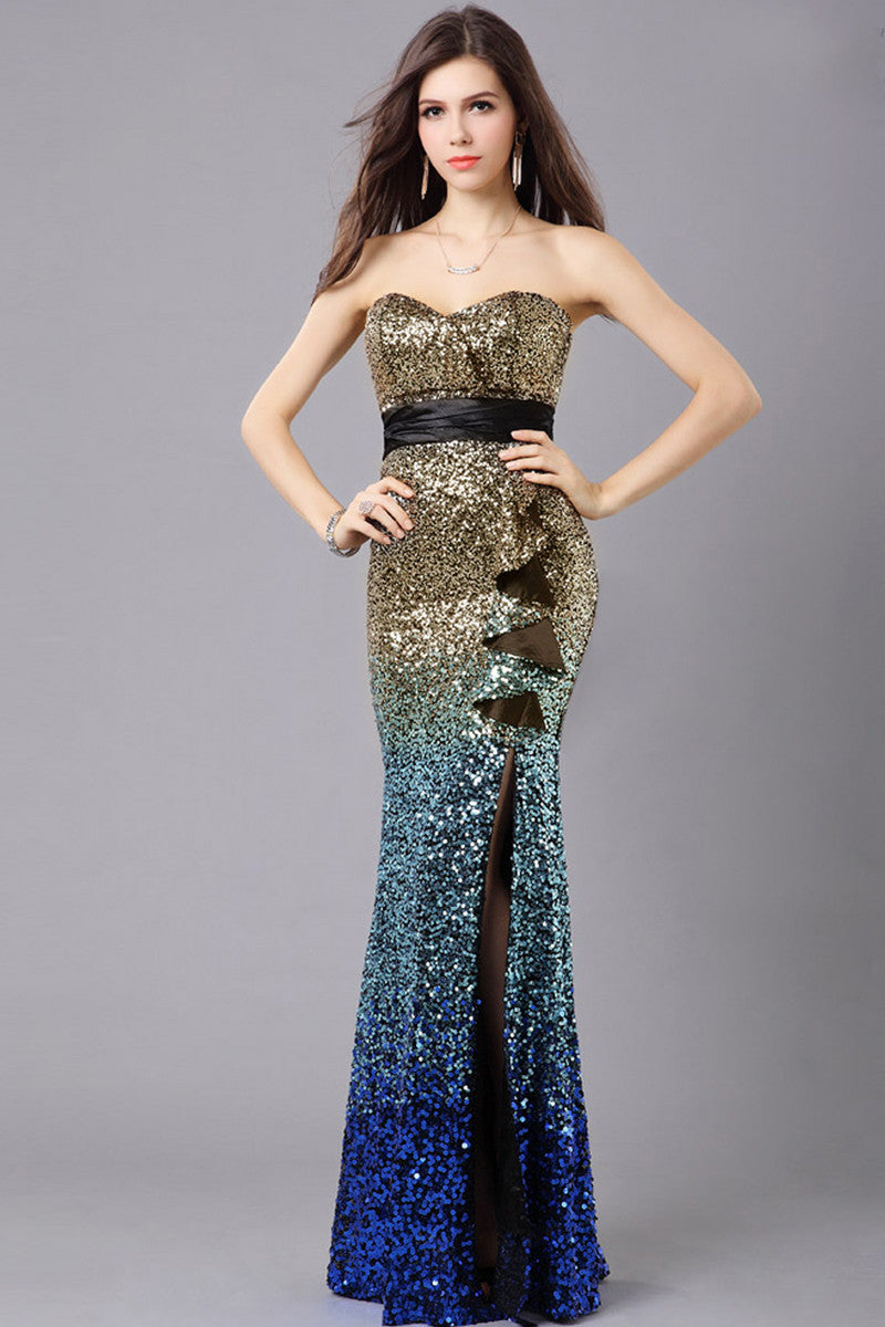 Gradient Sequin Strapless High Slit Ruffle Dress