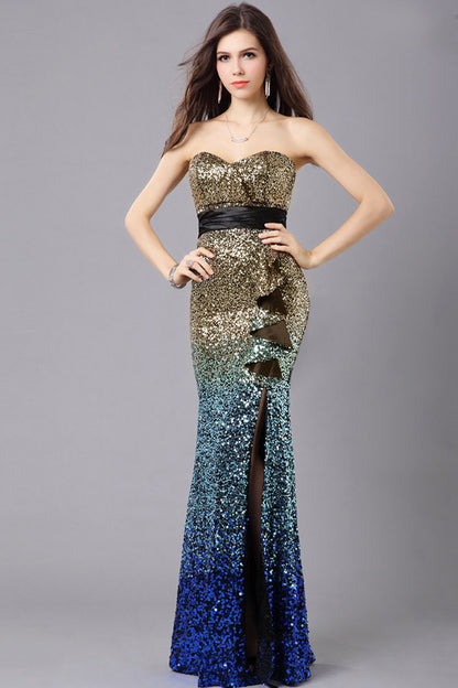 Gradient Sequin Strapless High Slit Ruffle Dress