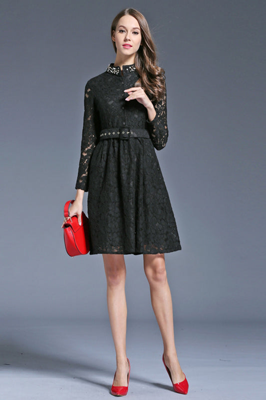 Stand Pearl-Collar Flock-Lace  Pleated Dress With Belt