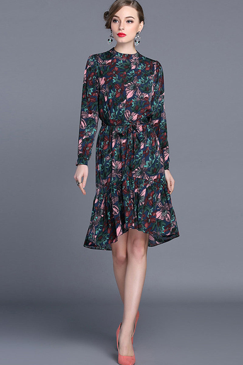 Stand Collar Floral Pattern Pleated Hi-Low Dress