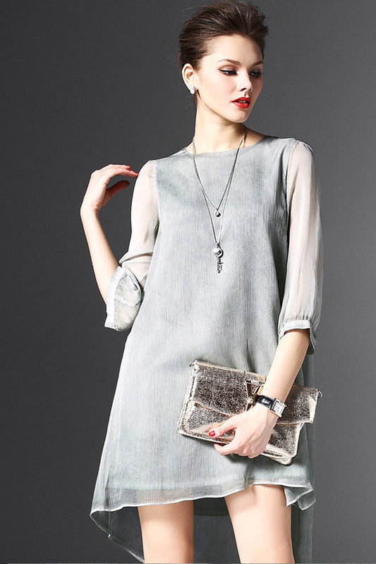 Round Collar  Short Front Long Back Irregular Tail Mesh Dress - NJOYDRESS - 1