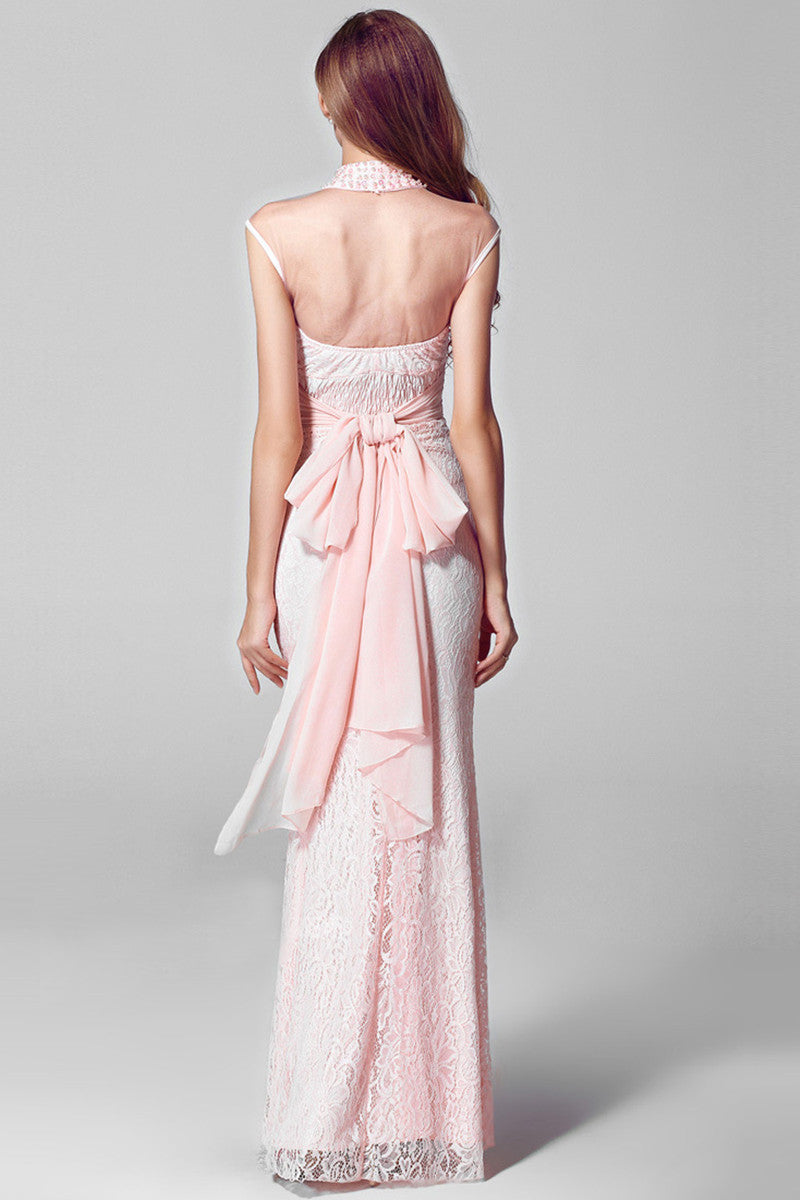 Multi Pearl Lace Back Long Finshtail Maxi Party Dress