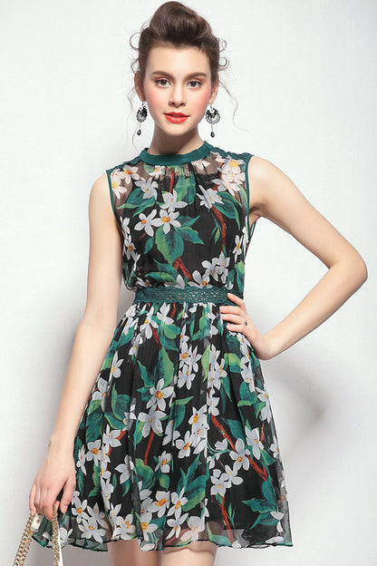 Lace Applique Floral Pattern Tulle Flare Dress