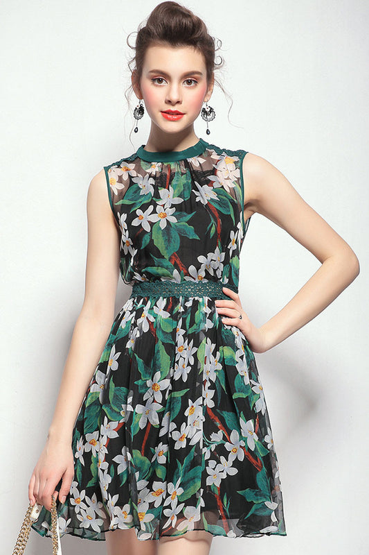 Lace Applique Floral Pattern Tulle Flare Dress