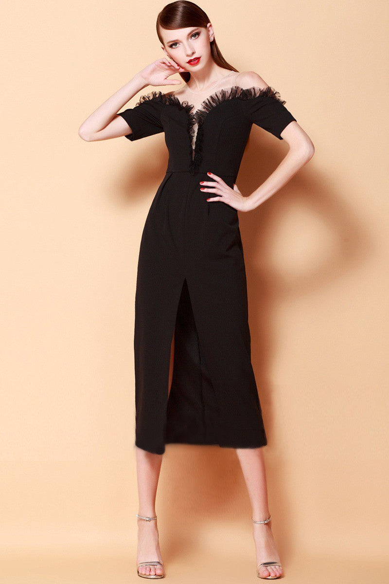 Lace Ruffle Faux Tube High Mid-Slit Midi  Dress
